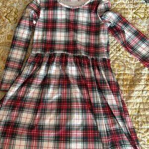Red and White Plaid Dress with Long Sleeves and Flared Waistline